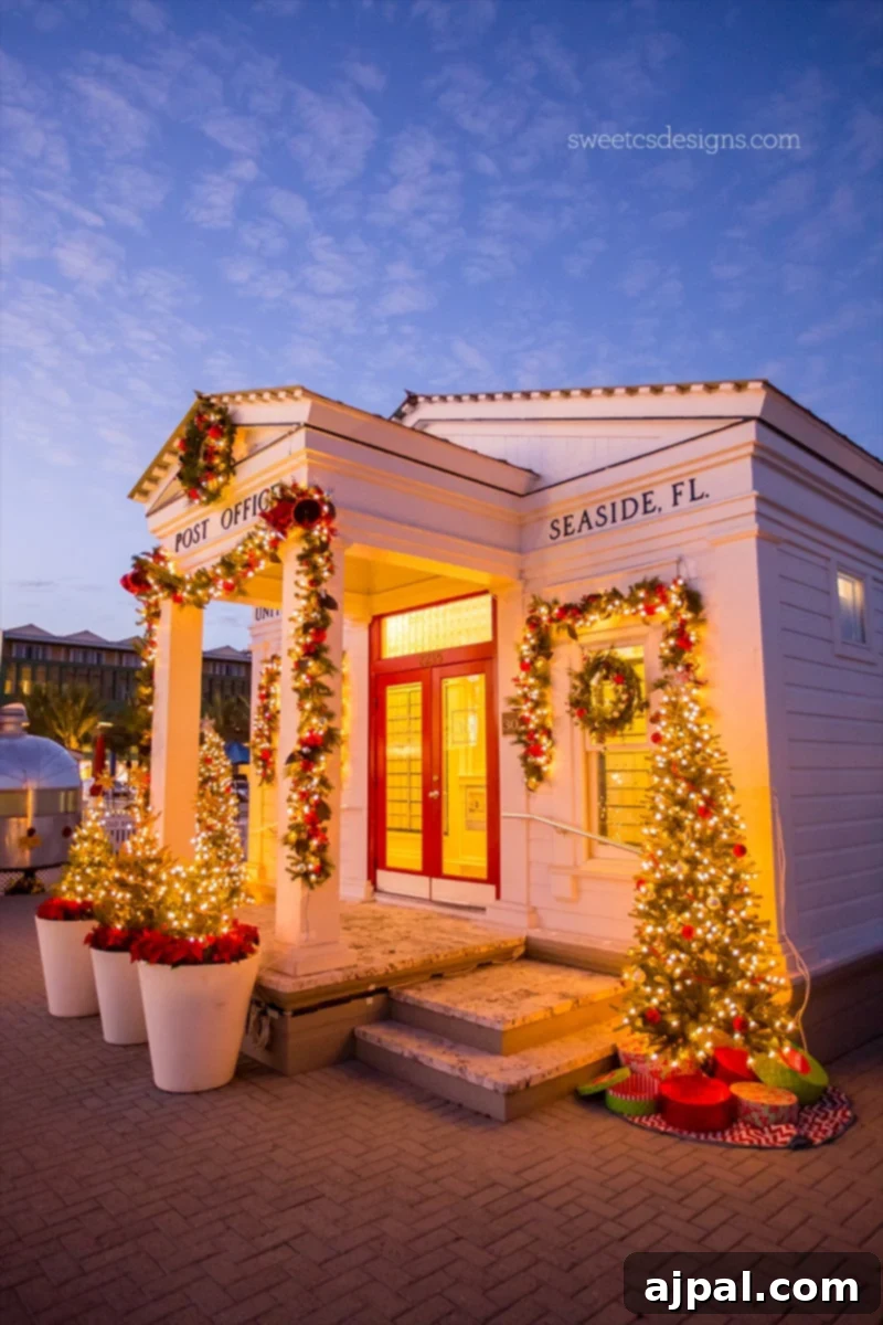 Yuletide in Paradise Seaside Florida 7 A charming white house in Seaside, Florida, beautifully decorated for Christmas, reflecting the seaside holiday spirit.