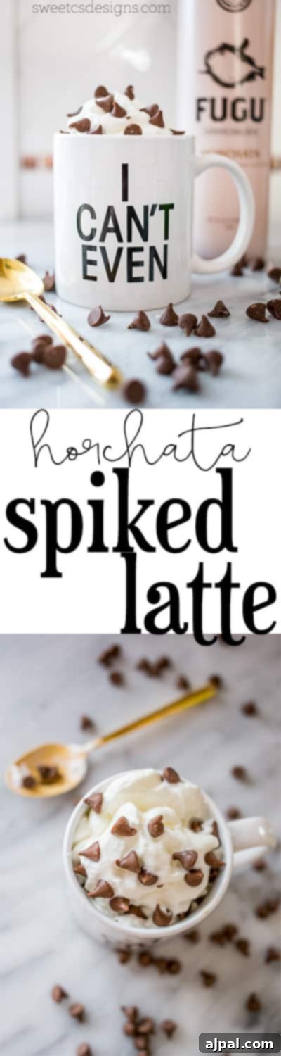 Spirited Horchata Delight 5 A tall, slender glass of Horchata Spiked Latte, topped with whipped cream and a sprinkle of chocolate chips, highlighting its creamy texture.