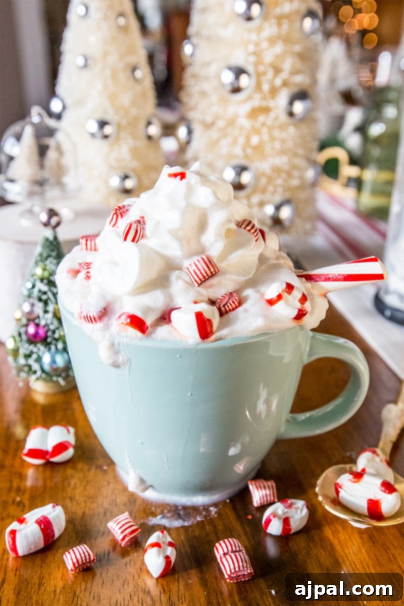 White Peppermint Mocha 2 A festive mug with a white chocolate peppermint latte, topped with whipped cream and crushed peppermint candies, perfectly embodies the holiday spirit.