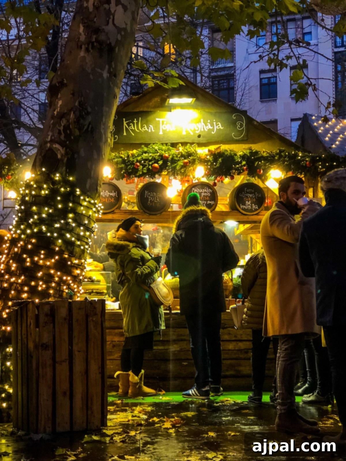 Spiced Winter Warmer 6 A lively Christmas market scene in Budapest, with people gathered around a mulled wine stand, illuminated by warm festive lights, capturing the joyful spirit of the holidays.