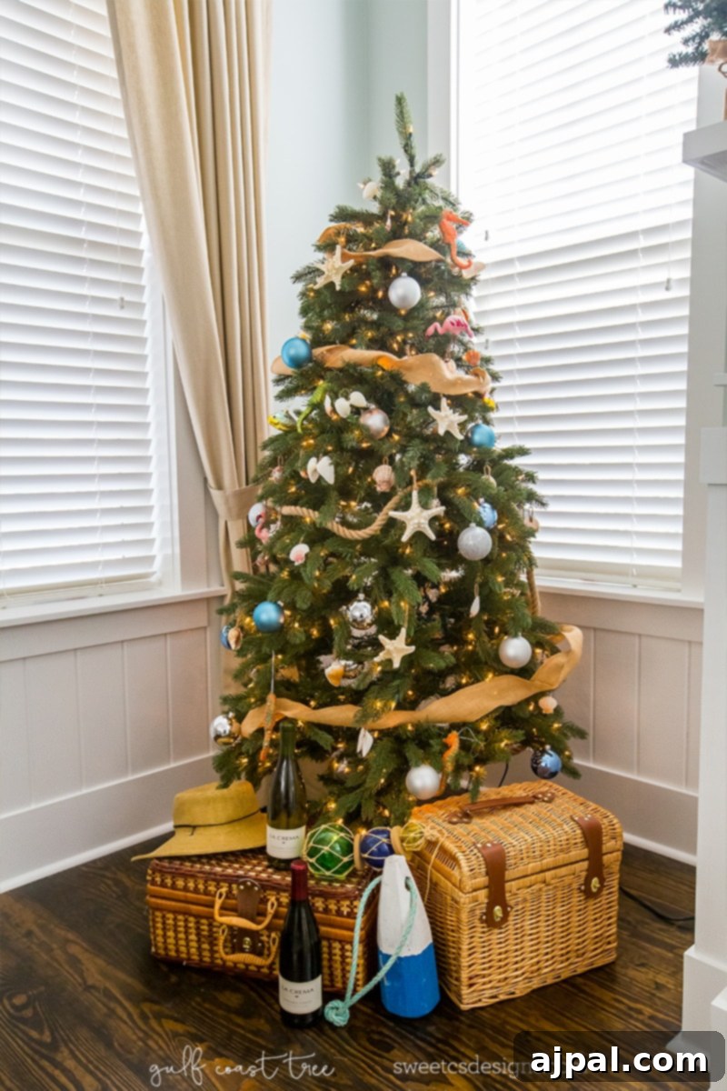 Easy Seashell Tree Decorations for a Coastal Vibe 3 A beautifully adorned Florida Gulf Coast-themed Christmas tree with seashell ornaments, standing gracefully in a cozy living room, setting a serene coastal holiday mood.