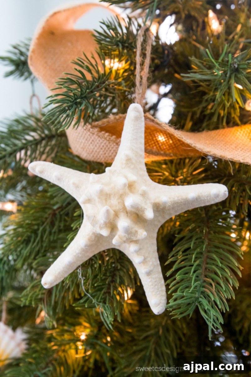 Easy Seashell Tree Decorations for a Coastal Vibe 7 A simple yet elegant DIY seashell ornament hangs gracefully on a beach-themed Christmas tree, showcasing how easy it is to create your own coastal holiday decor.
