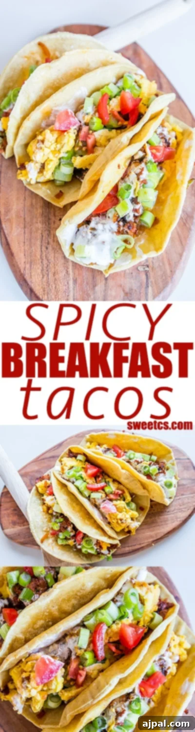 My favorite hearty breakfast: a close-up of spicy egg and chorizo breakfast tacos, overflowing with delicious ingredients.