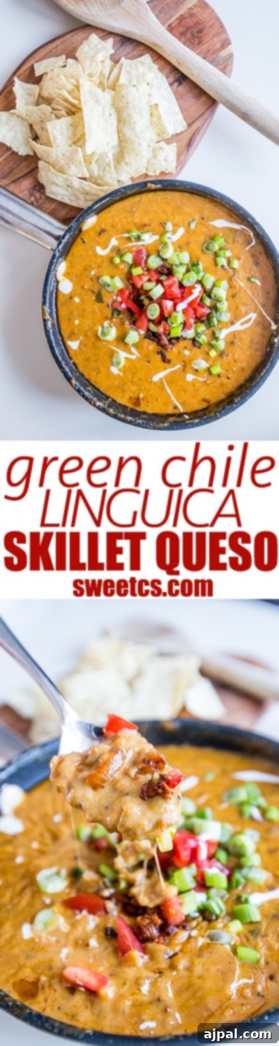 Sizzling Linguica Queso Skillet 6 A tall, slender shot of a skillet filled with green chile linguica skillet queso, served with a side of tortilla chips, emphasizing its appetizing texture and vibrant toppings.