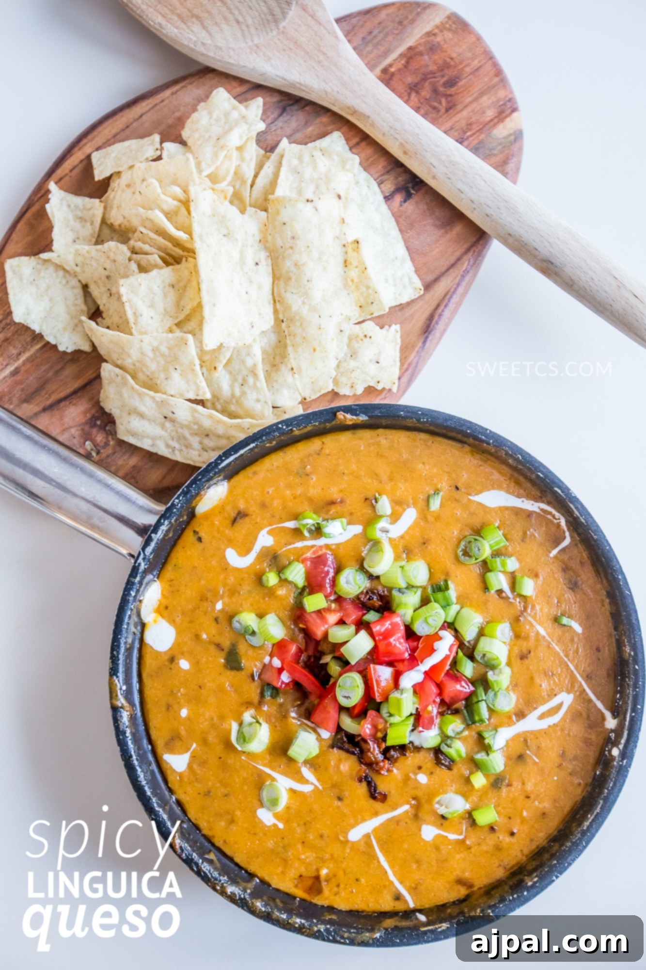Sizzling Linguica Queso Skillet 3 A close-up of a bowl filled with the spicy linguica queso dip, garnished with fresh toppings and surrounded by crispy tortilla chips. A spoon is poised to scoop a serving.