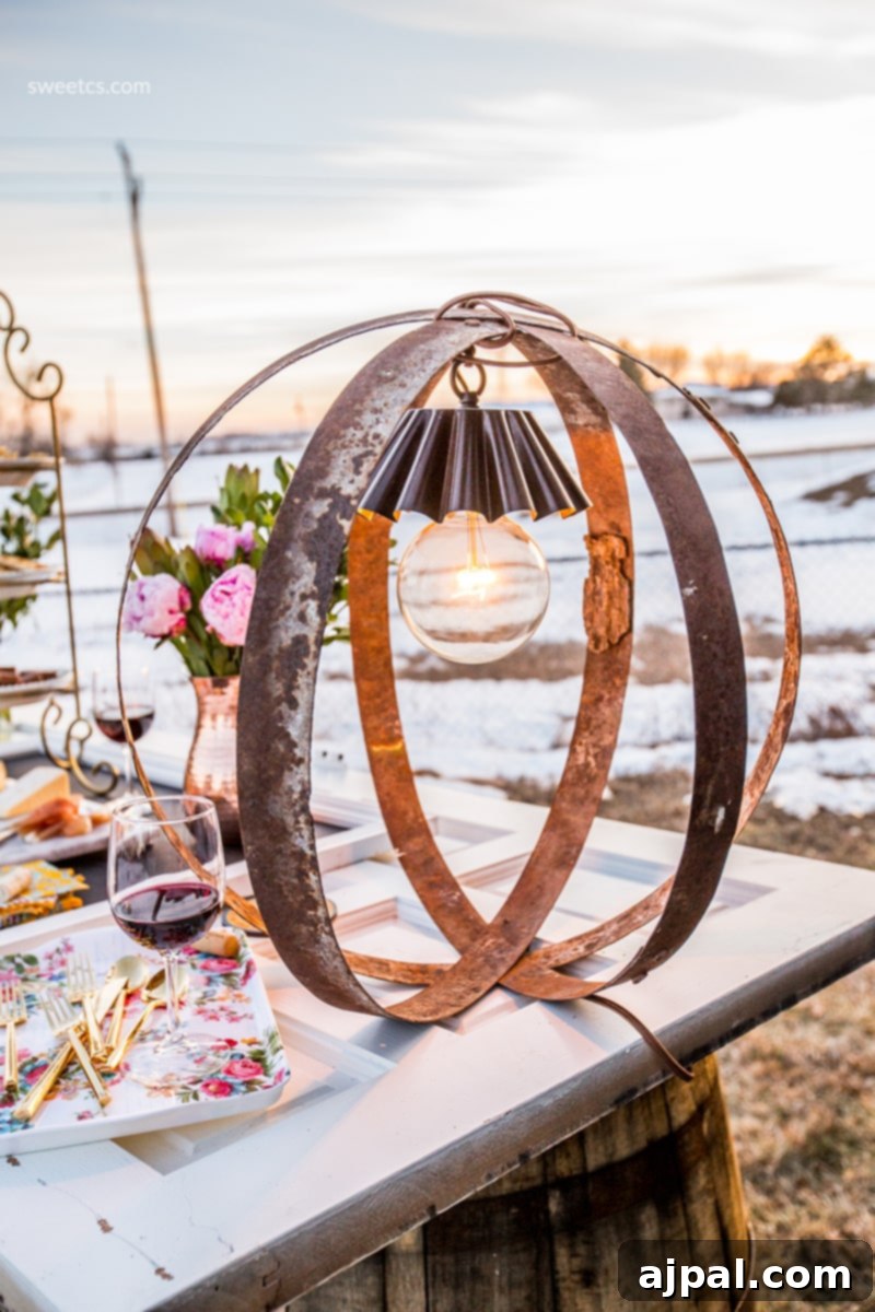 Craft a Rustic Wine Barrel Ring Light 3 A charming close-up of the rustic wine barrel light fixture, highlighting its intricate design and warm glow, perfect for outdoor entertaining.