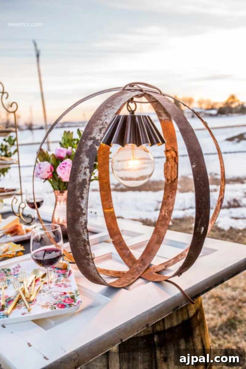 Upcycled Wine Barrel Ring Chandelier 3 A beautifully set outdoor table featuring a DIY wine barrel ring light, bottles of wine, and lush greenery, creating an inviting rustic ambiance.