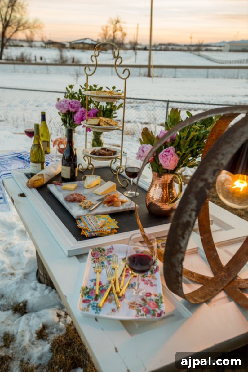 Craft a Rustic Wine Barrel Ring Light 4 A beautiful rustic table setting bathed in the warm glow of a DIY wine barrel ring light, perfect for an evening gathering in the snow.