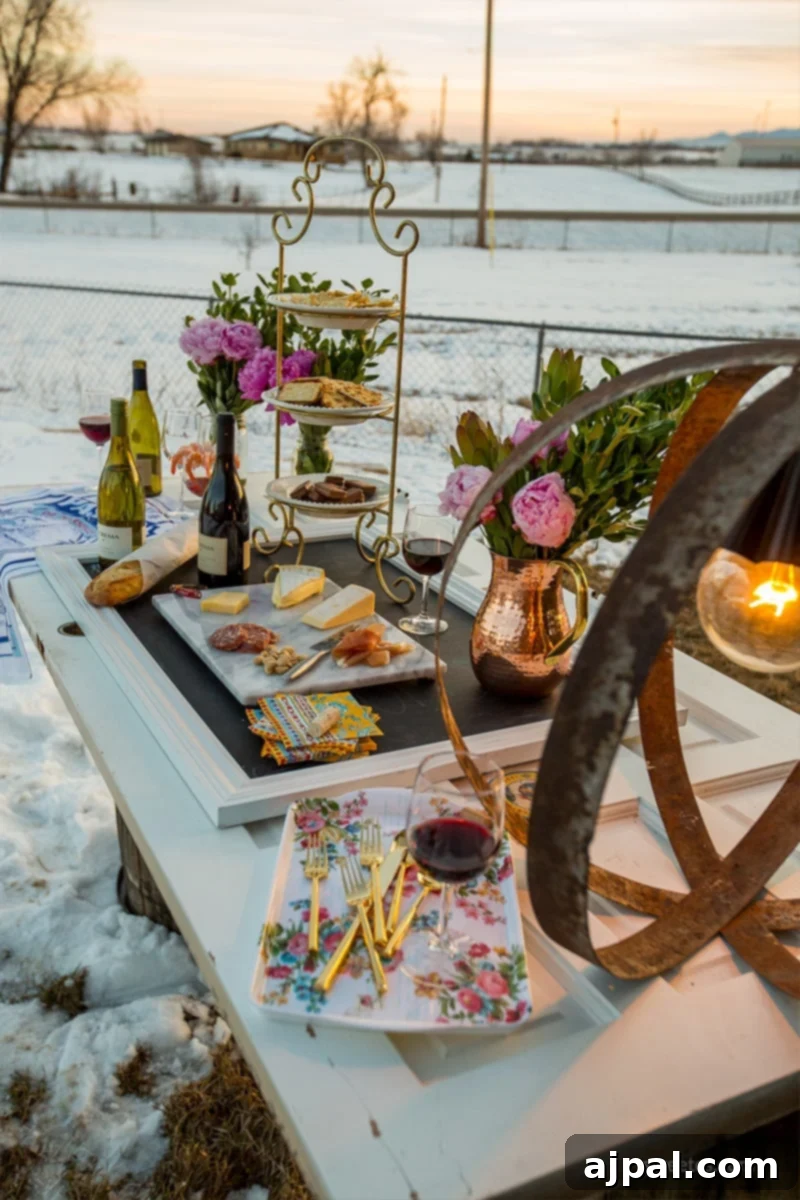 Upcycled Wine Barrel Ring Chandelier 4 A romantic outdoor dinner party setting in the snow, beautifully illuminated by a DIY wine barrel ring light, creating a cozy and magical atmosphere.
