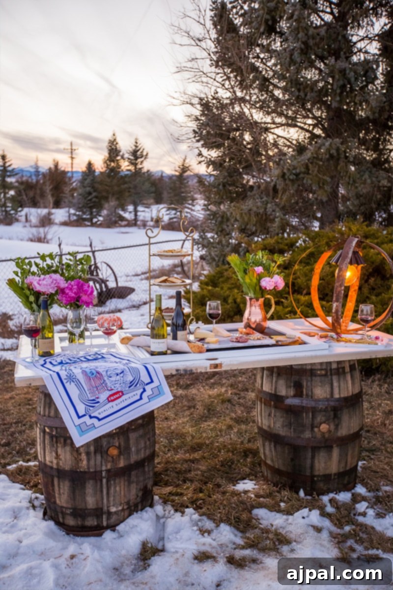 Craft a Rustic Wine Barrel Ring Light 5 A charming dinner party setup featuring a DIY wine barrel table adorned with flowers, complemented by the rustic ambiance of the wine barrel ring light.