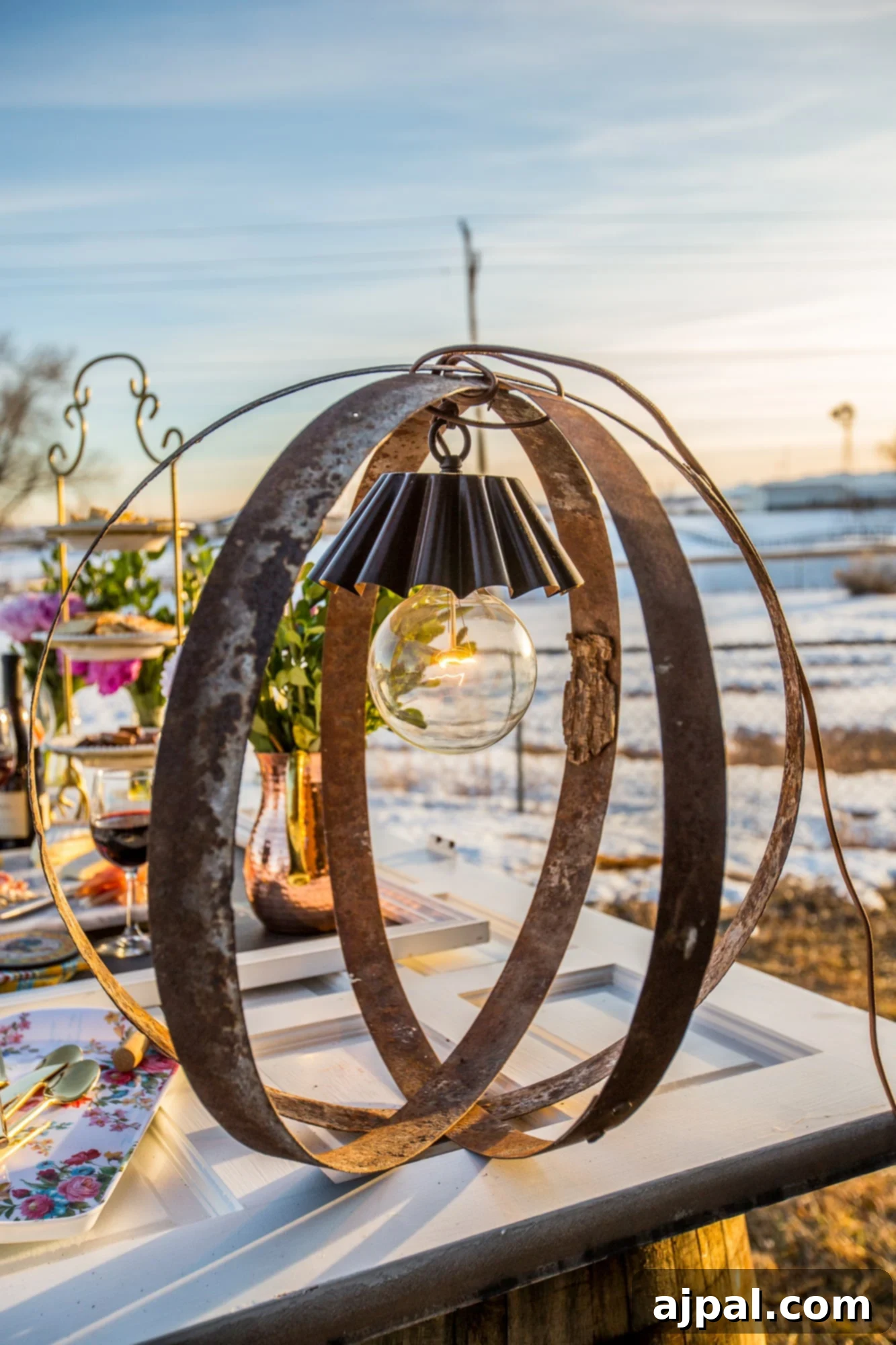 Upcycled Wine Barrel Ring Chandelier 6 A close-up view of the DIY rustic wine barrel ring light, showcasing its intricate design with nested metal rings and a glowing Edison bulb, alongside a wine bottle lamp.