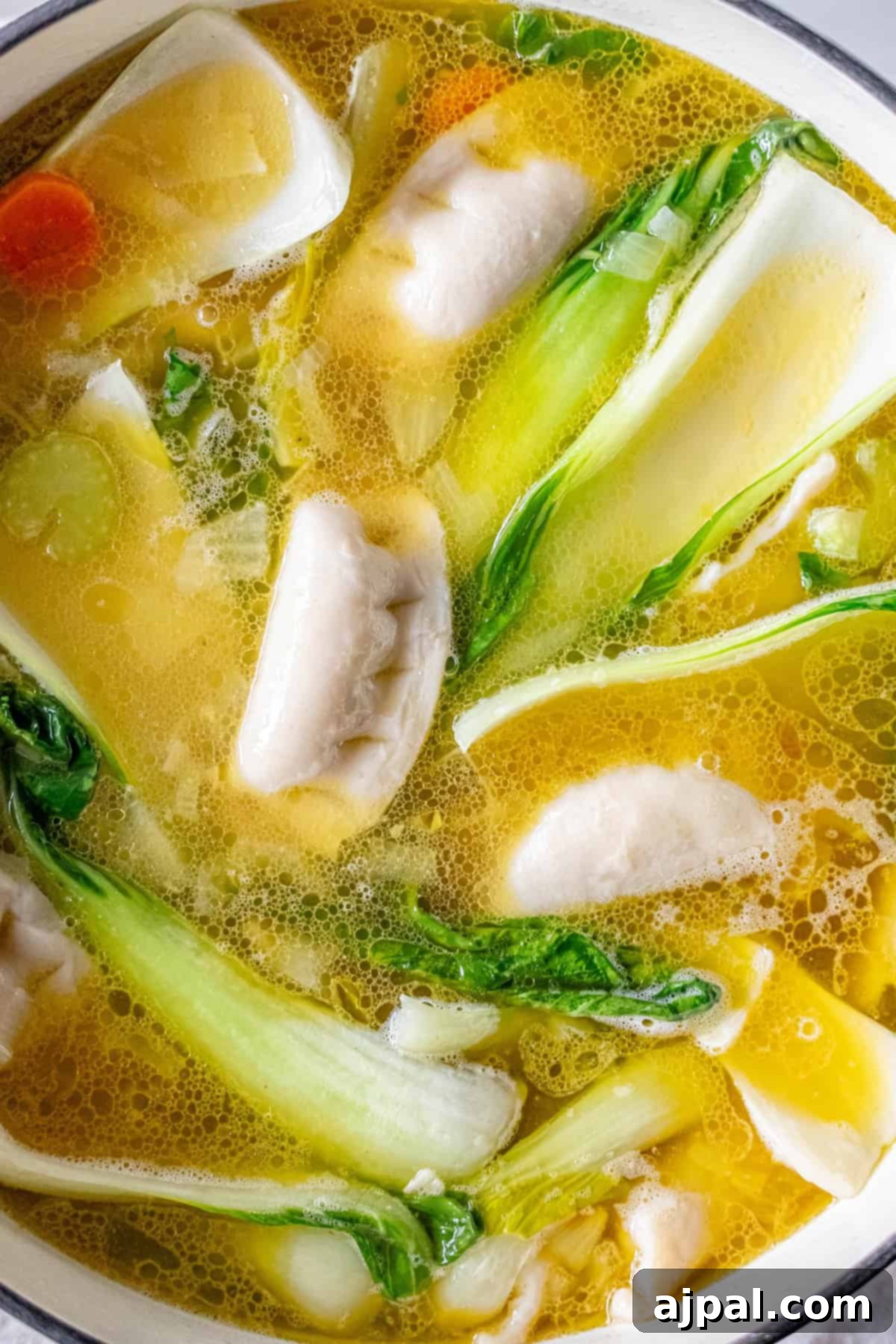 Easy 15-Minute One-Pot Potsticker Soup 12 A 15-minute potsticker soup with dumplings, bok choy, carrots, and onions simmering in a light broth.
