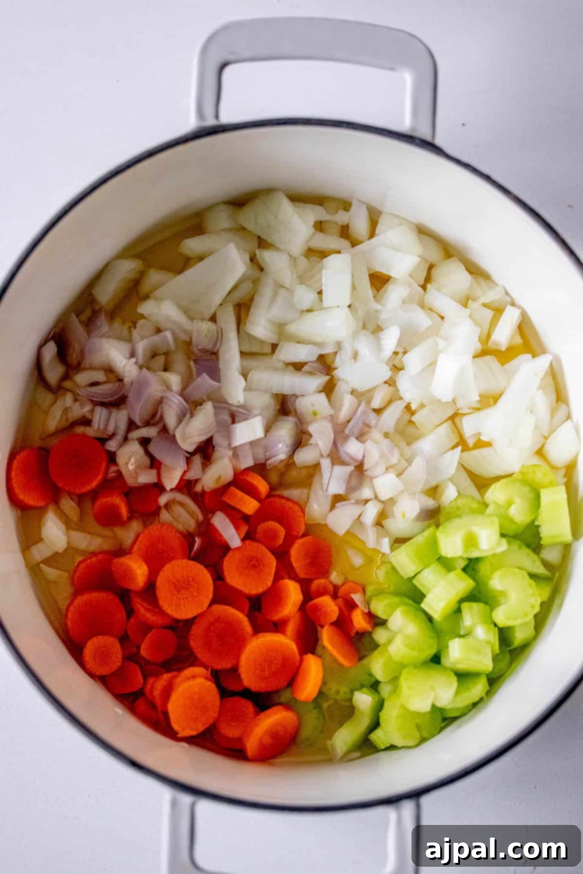 Easy 15-Minute One-Pot Potsticker Soup 6 Top view of a pot, destined for a 15-minute potsticker soup, containing chopped onions, carrots, and celery in olive oil, ready for cooking on a white background.