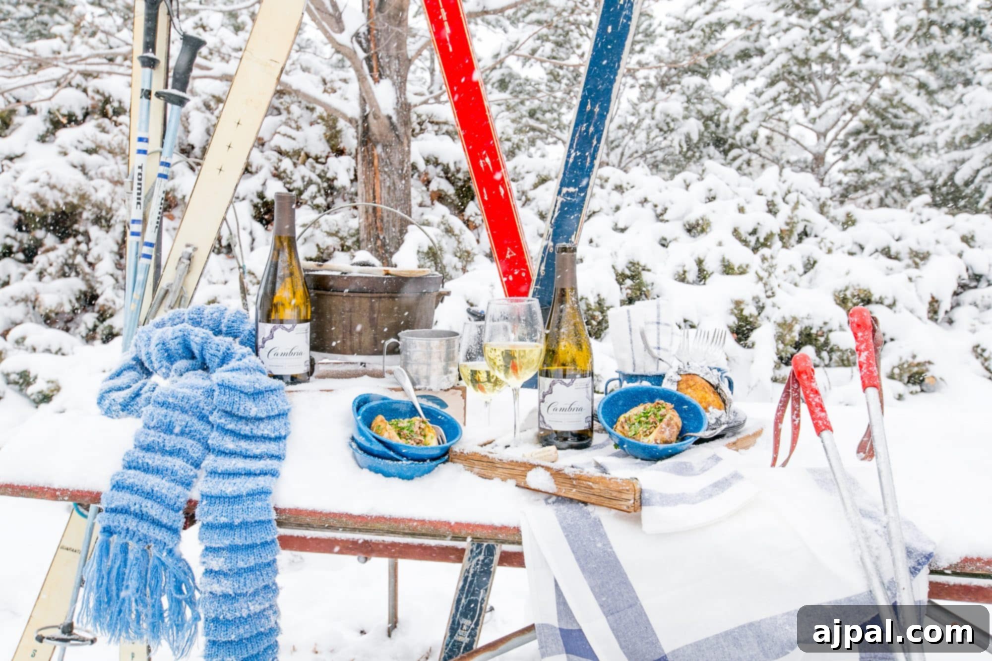 An inviting snowy outdoor setting featuring bowls of country rib stuffed potatoes and wine bottles, perfect for an apres-ski gathering.