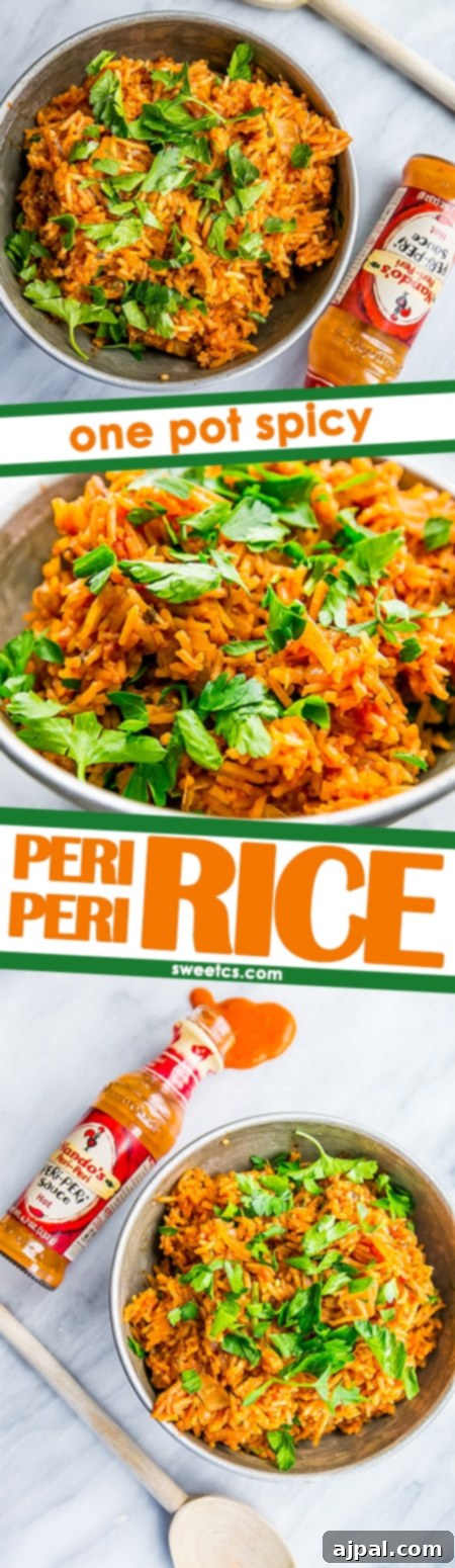 A close-up view of one-pot spicy peri peri rice, a delicious and flavorful twist on traditional fried rice with a Portuguese influence.