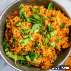A bowl of cooked spicy orange rice garnished with fresh green parsley, viewed from above.