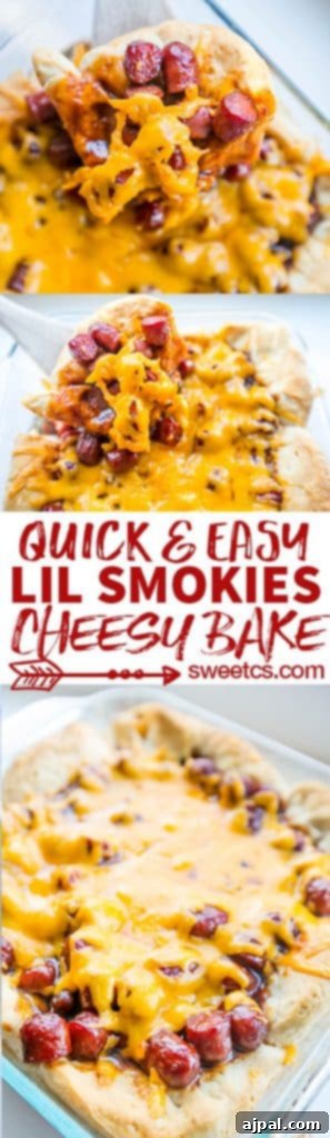 Hearty Cheesy BBQ Smokie Bake 9 wooden spoon lifting biscuits with little smokies sausages and cheese on them