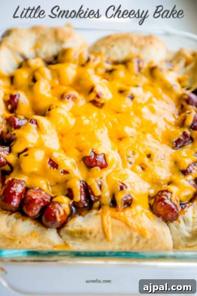 Hearty Cheesy BBQ Smokie Bake 4 biscuits with little smokies sausages and cheese on them