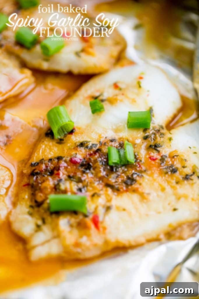 Spicy Garlic Soy Glazed Flounder 2 flounder in a foil pouch with spices and sauce and green onions