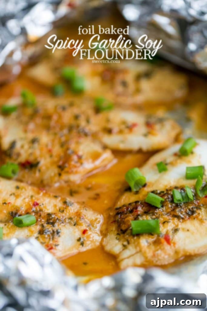 Spicy Garlic Soy Glazed Flounder 6 flounder in a foil pouch with spices and sauce and green onions