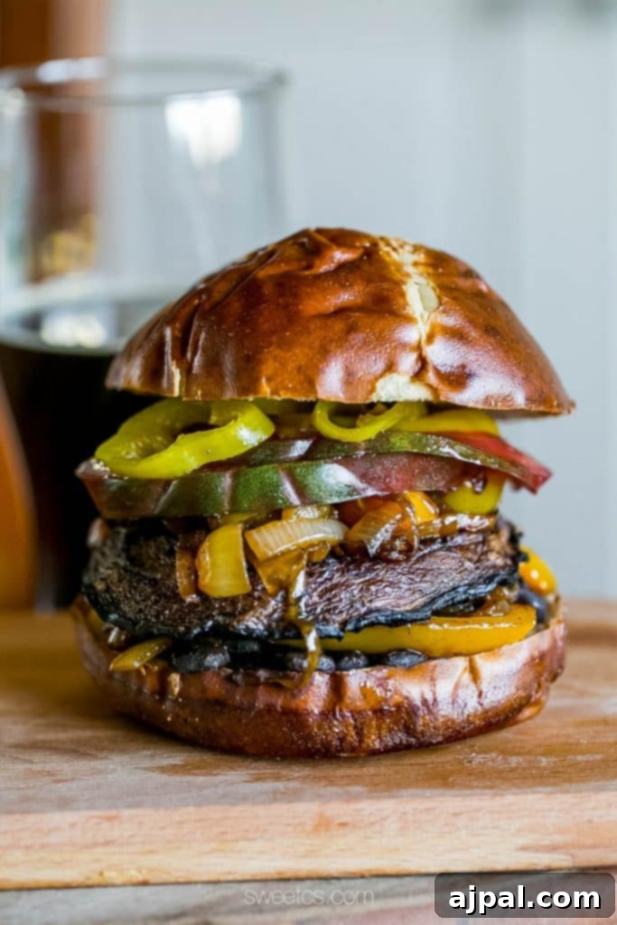 A fully assembled spicy vegan portobello burger, showcasing its rich flavor and fresh ingredients, served with a refreshing drink.