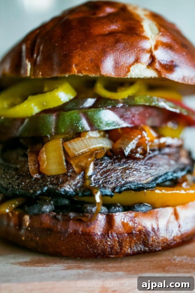 A spicy vegan portobello burger piled high with sautéed mushrooms, bell peppers, and onions, resting on a rustic wooden cutting board.