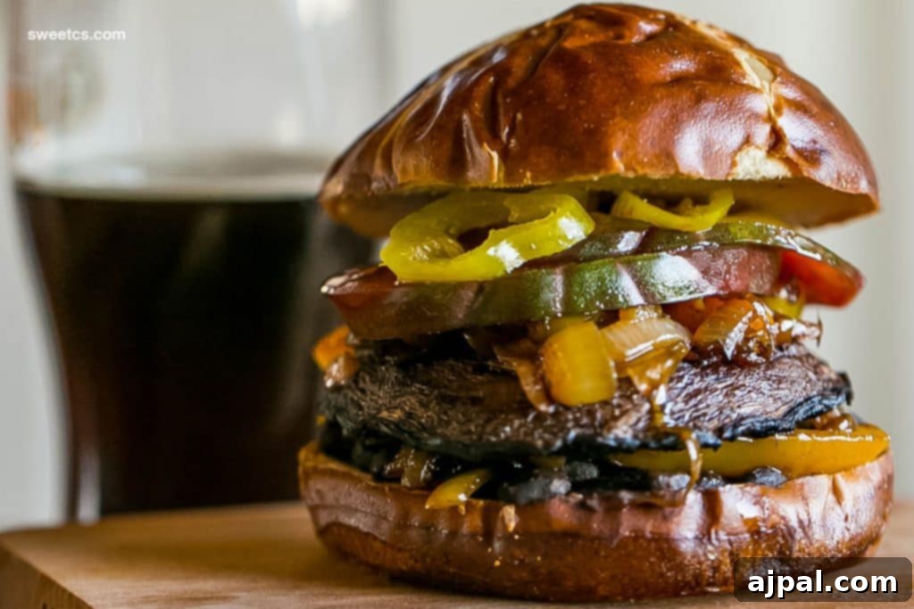 A delicious spicy vegan portobello burger, artfully arranged with vibrant peppers, onions, and a refreshing beverage on a wooden board, showcasing its Mexican-inspired twist.