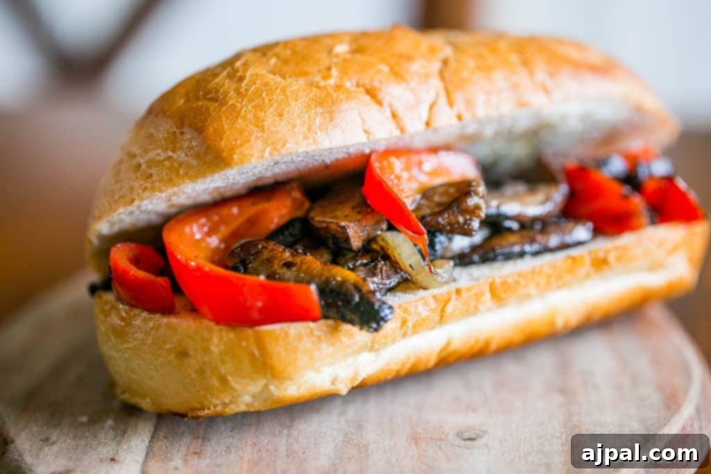 Delicious vegan Philly cheese steak hoagie loaded with sautéed mushrooms, onions, and peppers on a toasted bun, served on a rustic wooden board.