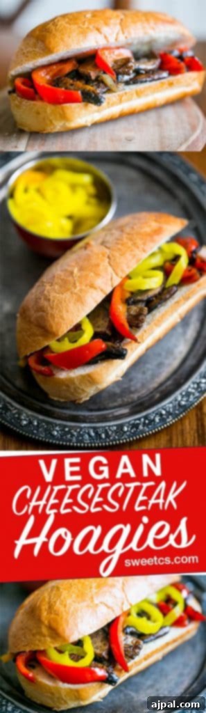 A delicious vegan Philly cheesesteak hoagie, highlighting the savory mushroom and pepper filling, ready to be enjoyed.