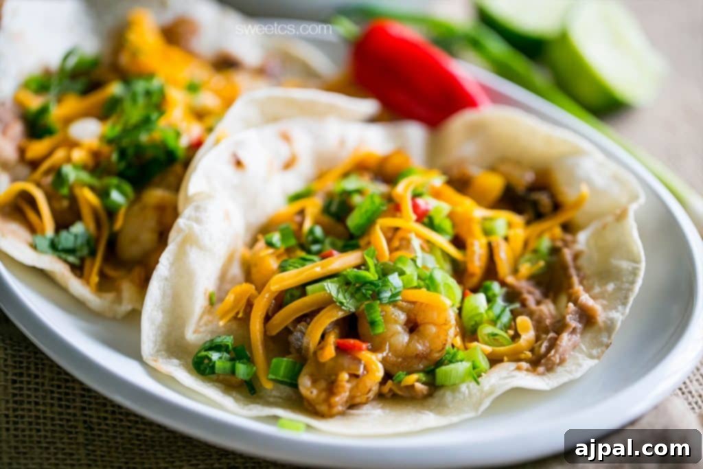 Two Old Bay shrimp tacos on a white plate.