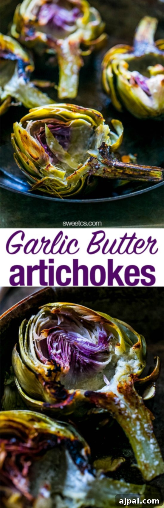 A tall, narrow image of multiple charred artichoke halves arranged, highlighting their golden-brown char and tender texture infused with garlic butter. Ideal for a delicious appetizer or side.
