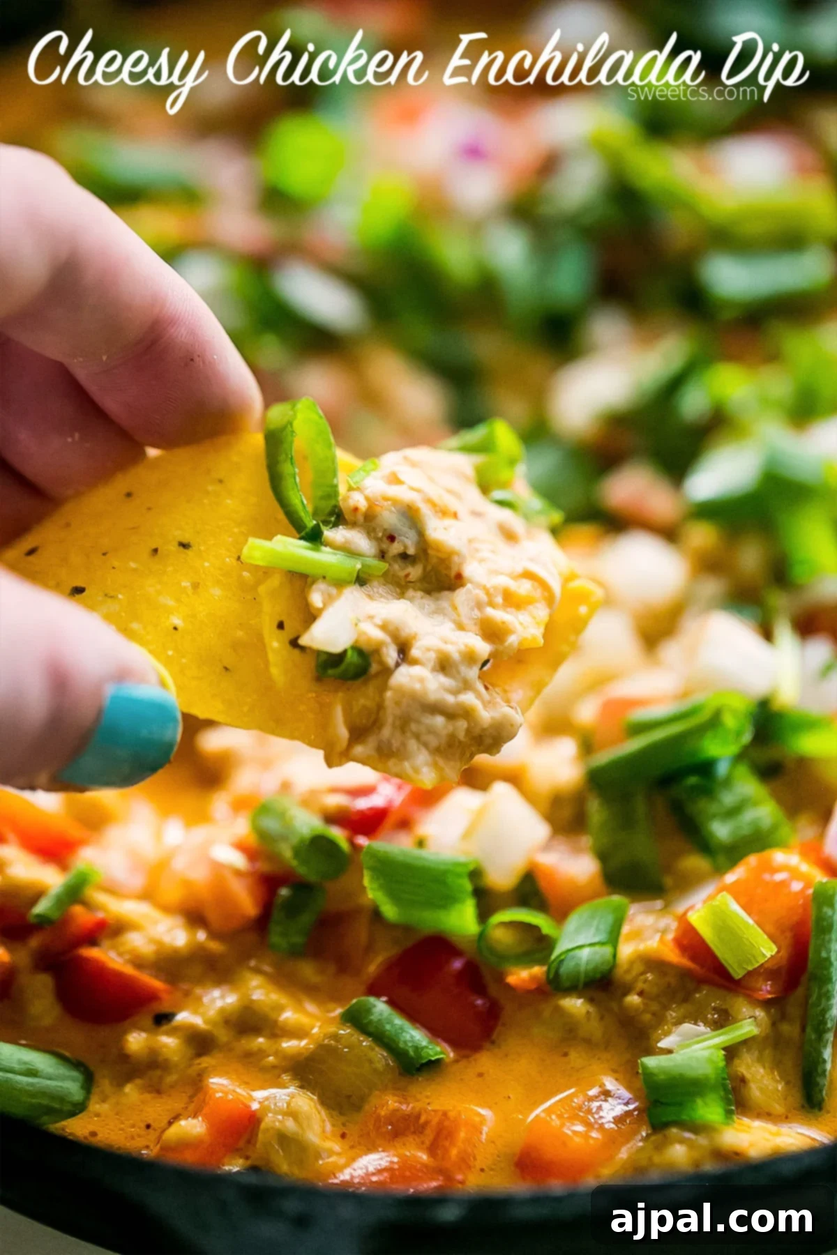 A tortilla chip being dipped into a skillet filled with cheesy chicken enchilada dip, garnished with green onions, tomatoes, and red onion, highlighting its fresh and inviting appearance.