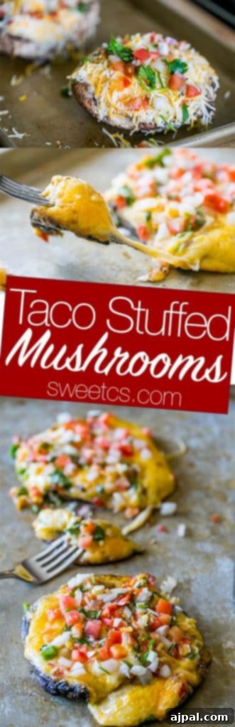 Fiesta Stuffed Mushrooms 6 A delightful arrangement of baked taco stuffed mushrooms, showcasing their rich, savory filling and melted cheese on a baking sheet, ready to be enjoyed.