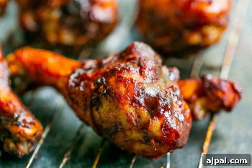 Crispy BBQ Chicken Drumsticks 9 Picture of baked bbq chicken drumsticks on wire rack, fresh from the oven