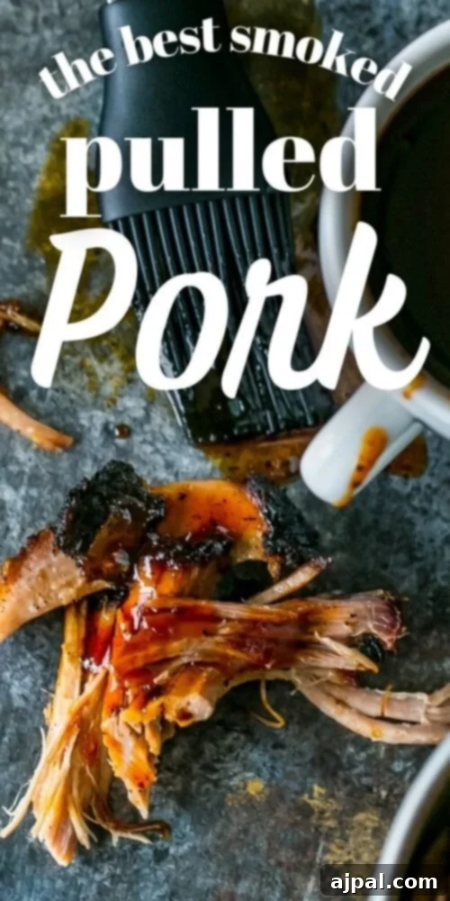 A beautifully presented serving of smoked pulled pork on a plate, with a side of coleslaw and fries, and a bottle of BBQ sauce in the background.