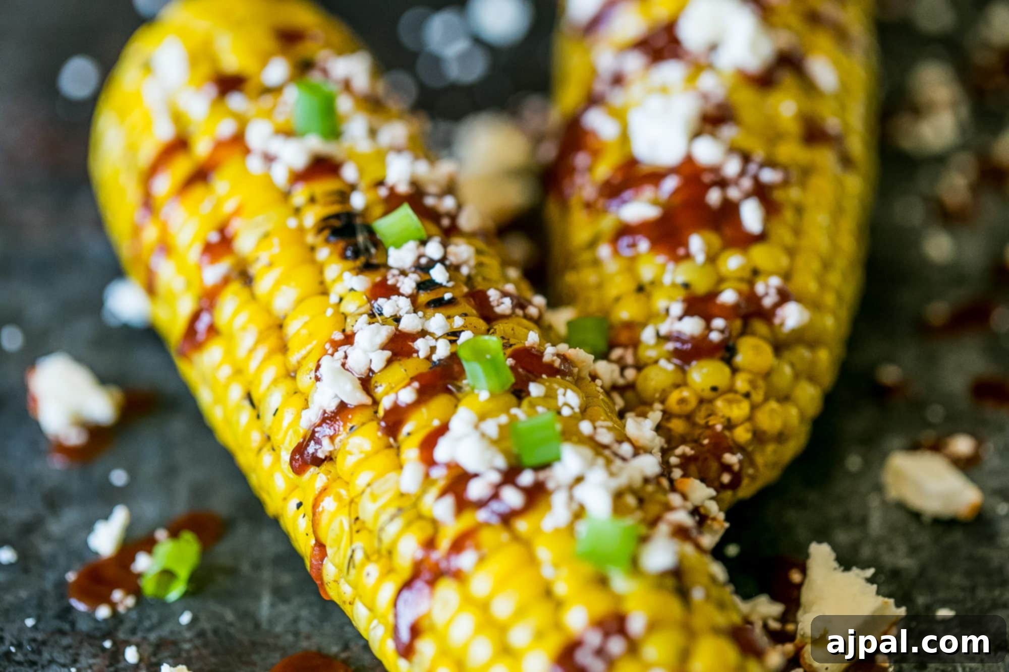 grilled corn smothered with sauce, cheese, and green onions