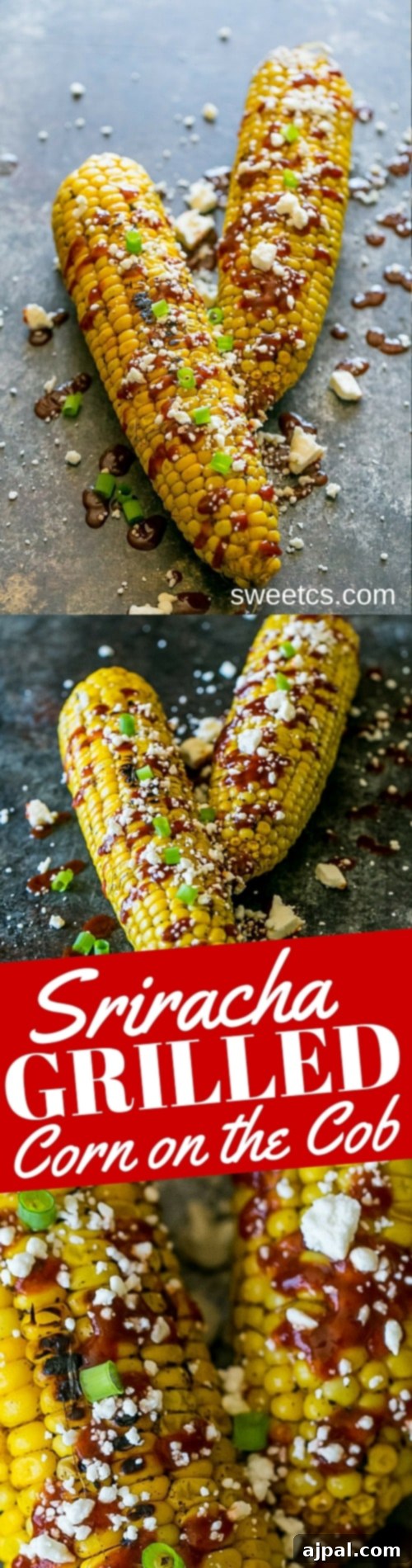grilled corn smothered with sauce, cheese, and green onions