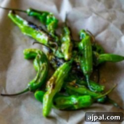 Blistered Shishito Peppers on a piece of paper.
