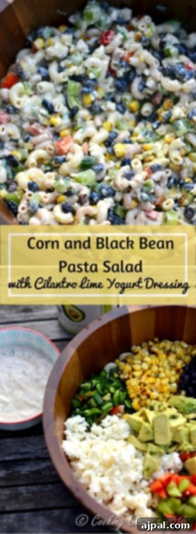 Black Bean & Pasta Salad with Cilantro-Lime Vinaigrette 6 A dynamic visual showcasing the ingredients of corn, pasta, black beans, tomatoes, rice, jalapeño, avocado, cilantro, and yogurt, first presented separately, then beautifully mixed together to form a refreshing pasta salad.