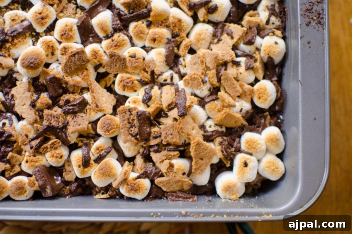 Decadent S'mores Rice Krispie Treats topped with melted marshmallows, chocolate, and crumbled graham crackers in a baking tray