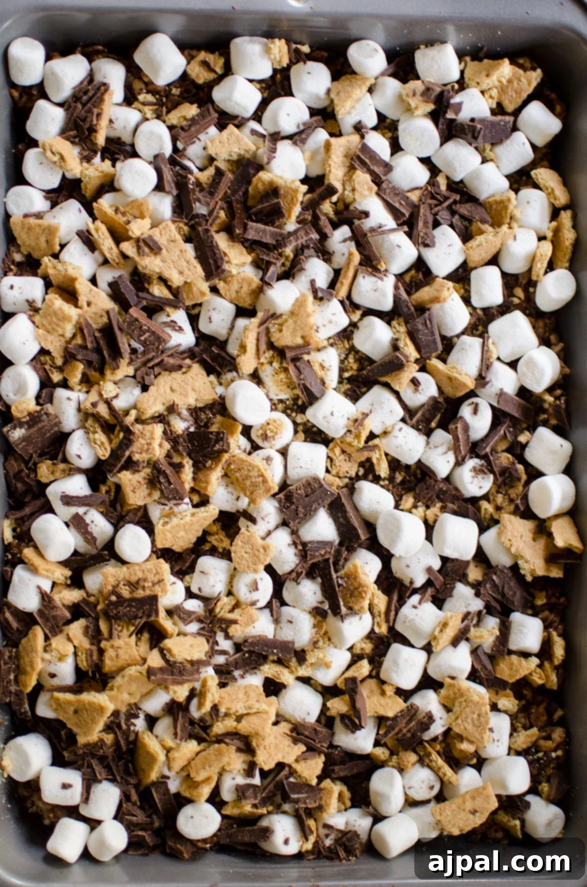 A baking pan filled with golden S'mores Rice Krispie Treats, topped with perfectly toasted marshmallows and graham cracker crumbs.