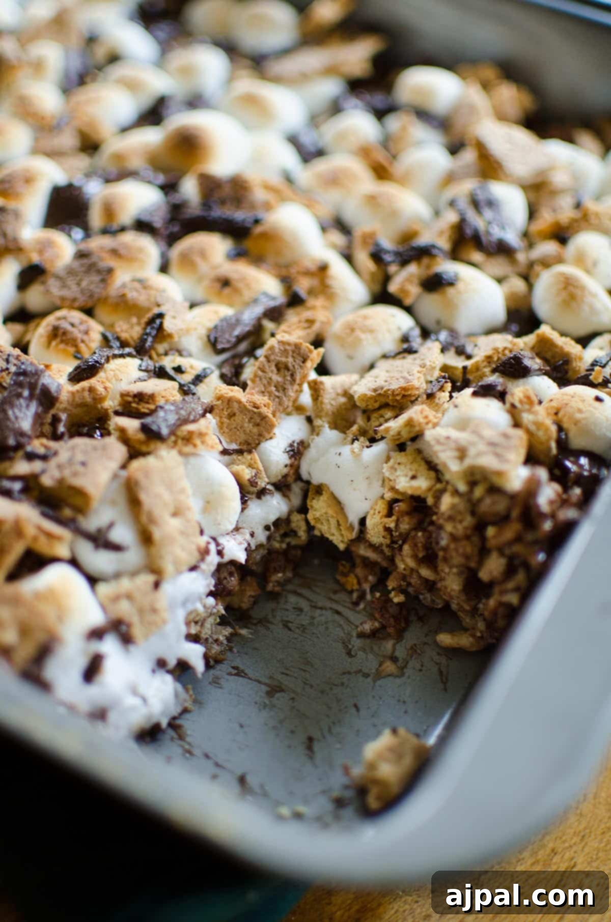 Close-up view of S'mores Rice Krispie Treats in a pan, showcasing toasted marshmallows, melted chocolate, and graham cracker crumbles