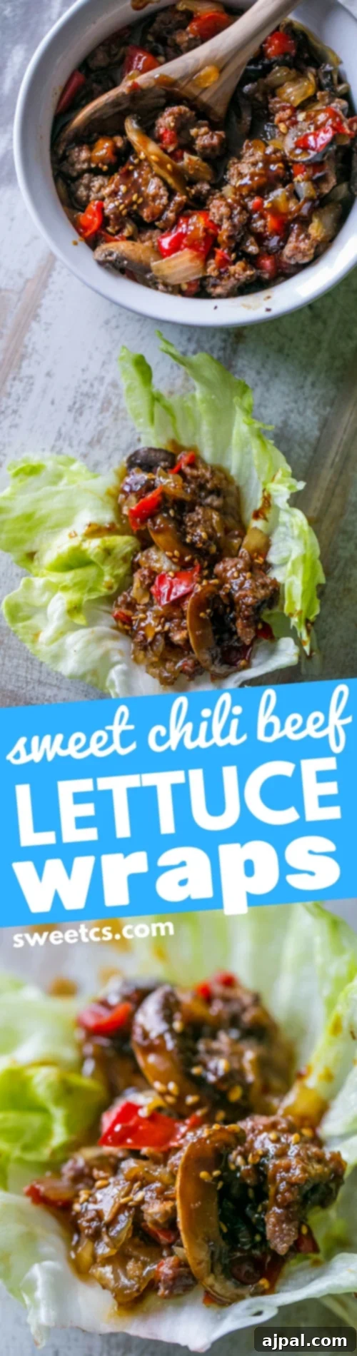 Two sweet chili beef lettuce wraps and a bowl of the beef filling for additional servings.
