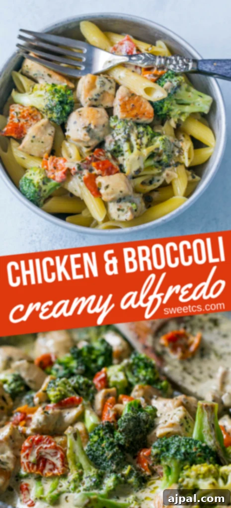 Creamy chicken broccoli alfredo in a bowl with a wooden spoon
