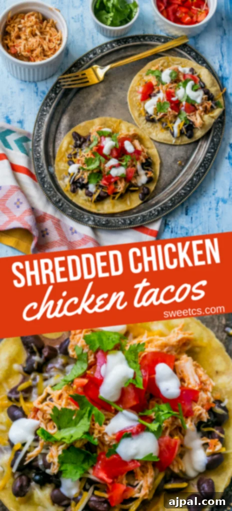 A mouth-watering shredded chicken taco, generously topped with sour cream, cilantro, black beans, and salsa, against a inviting background.