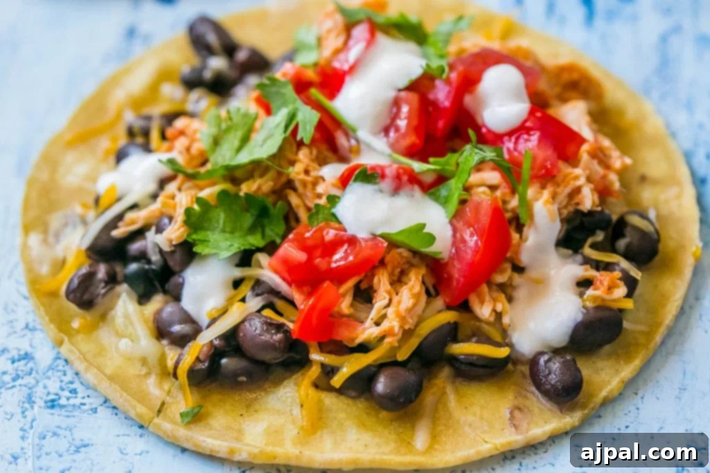 Close-up of shredded chicken tacos with fresh toppings including sour cream, cilantro, black beans, and salsa.