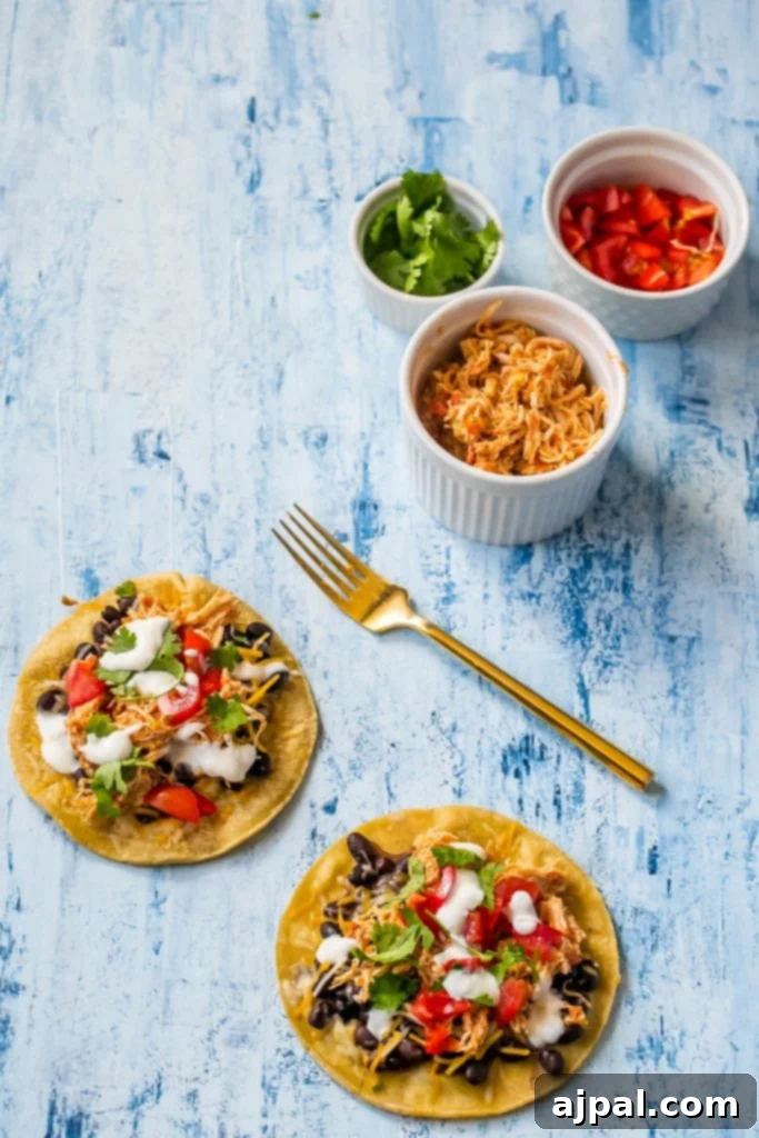 A beautifully arranged plate featuring three shredded chicken green chili tacos, generously topped with sour cream, fresh cilantro, black beans, and salsa.