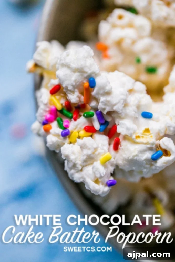Birthday Cake Popcorn 2 Popcorn covered in creamy white chocolate with colorful sprinkles, presented in a festive bowl, ready for a party.