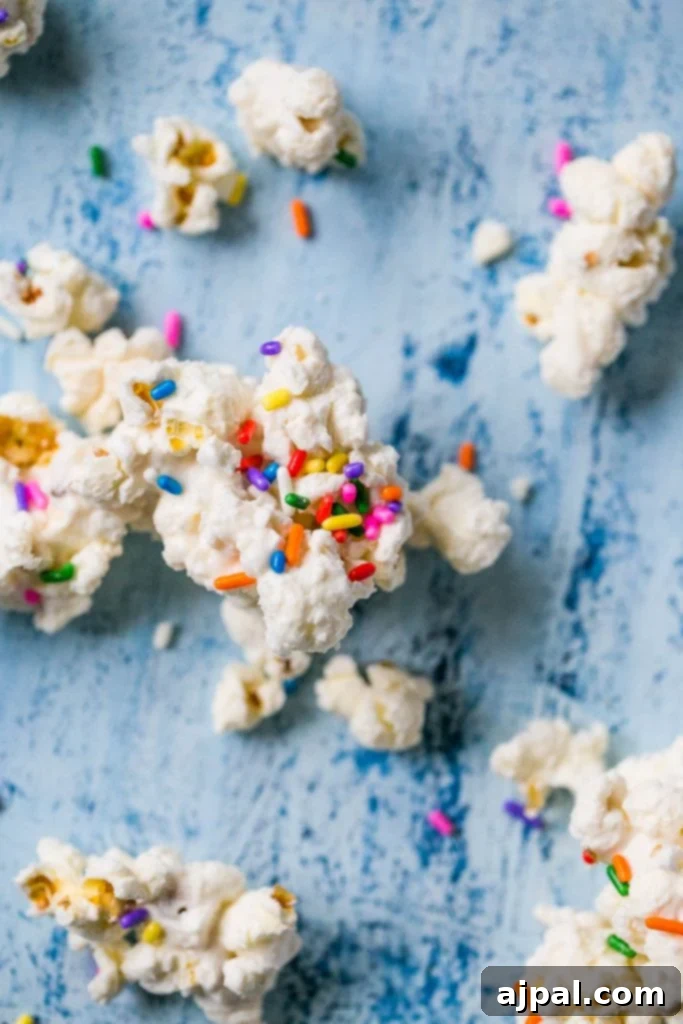 Birthday Cake Popcorn 7 A close-up of a handful of white chocolate cake batter popcorn with colorful sprinkles.
