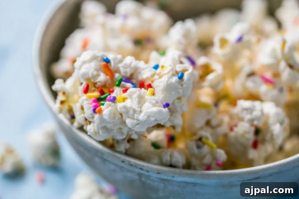 Birthday Cake Popcorn 8 A beautifully arranged bowl of white chocolate cake batter popcorn, glistening with sprinkles, perfect for sharing.